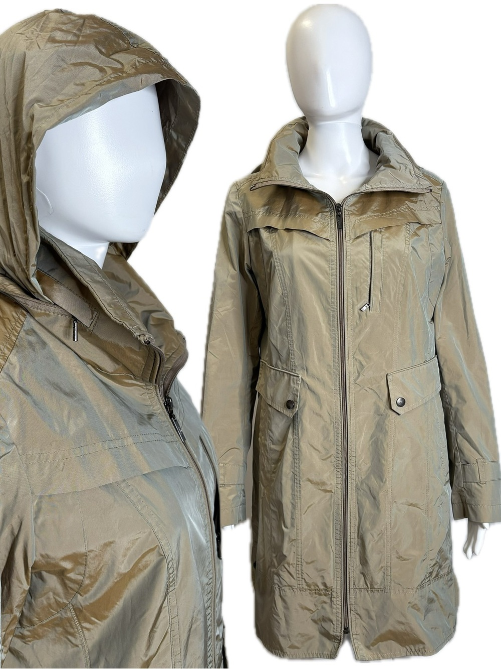 Cole Haan Iridescent Tan Packable Rain Coat Women Size M Hooded Long Zip Jacket